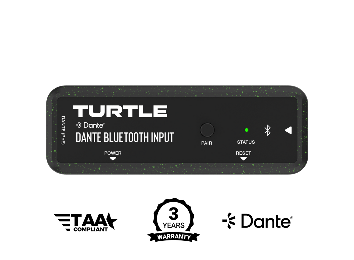 Turtle Dante Bluetooth-invoerapparaat met merknaam en certificeringslogo's op een witte achtergrond
