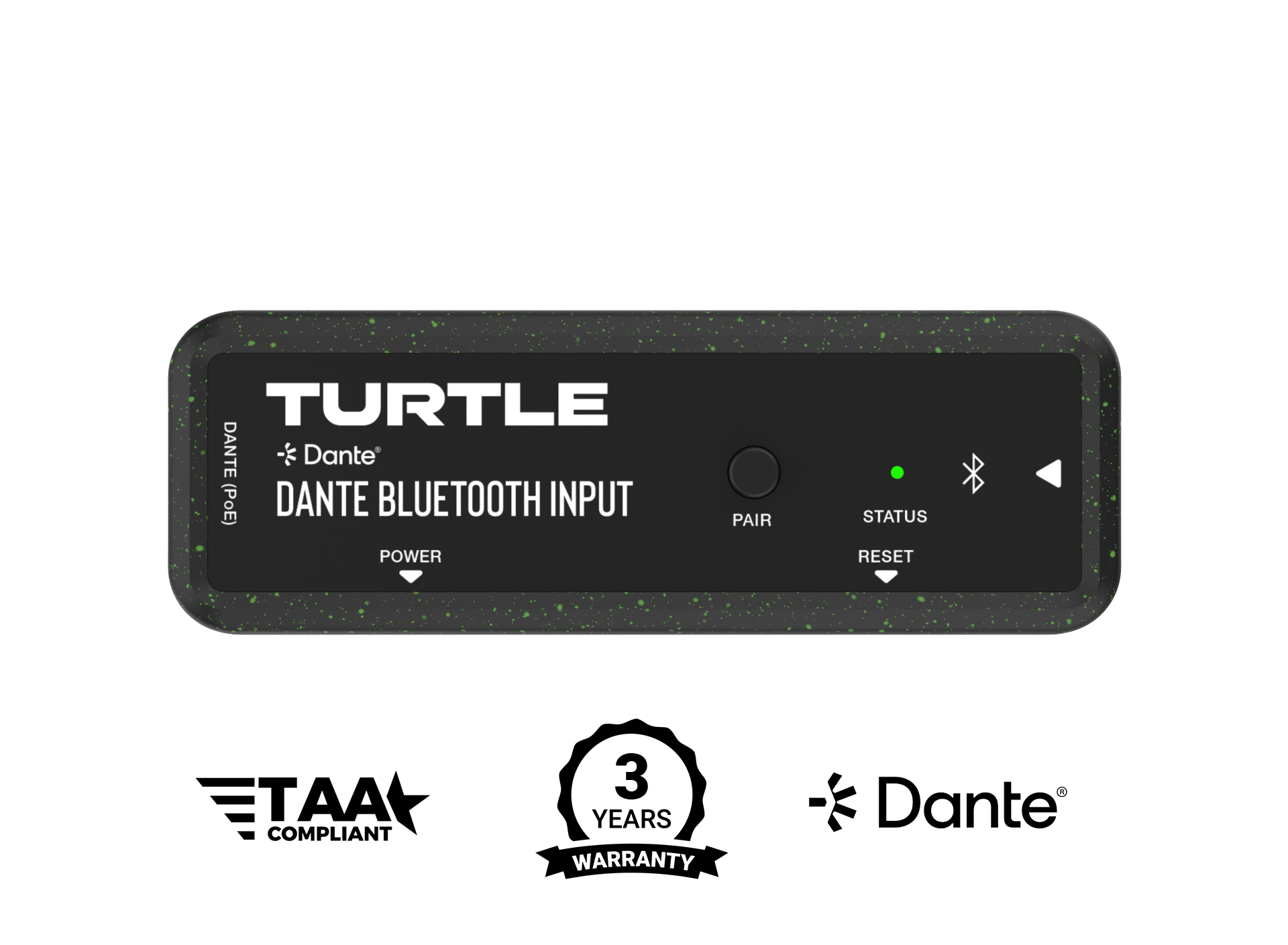 Turtle Dante Bluetooth-invoerapparaat met merknaam en certificeringslogo's op een witte achtergrond