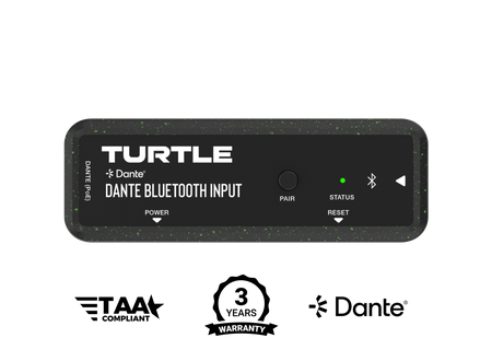 Turtle Dante Bluetooth-invoerapparaat met merknaam en certificeringslogo's op een witte achtergrond