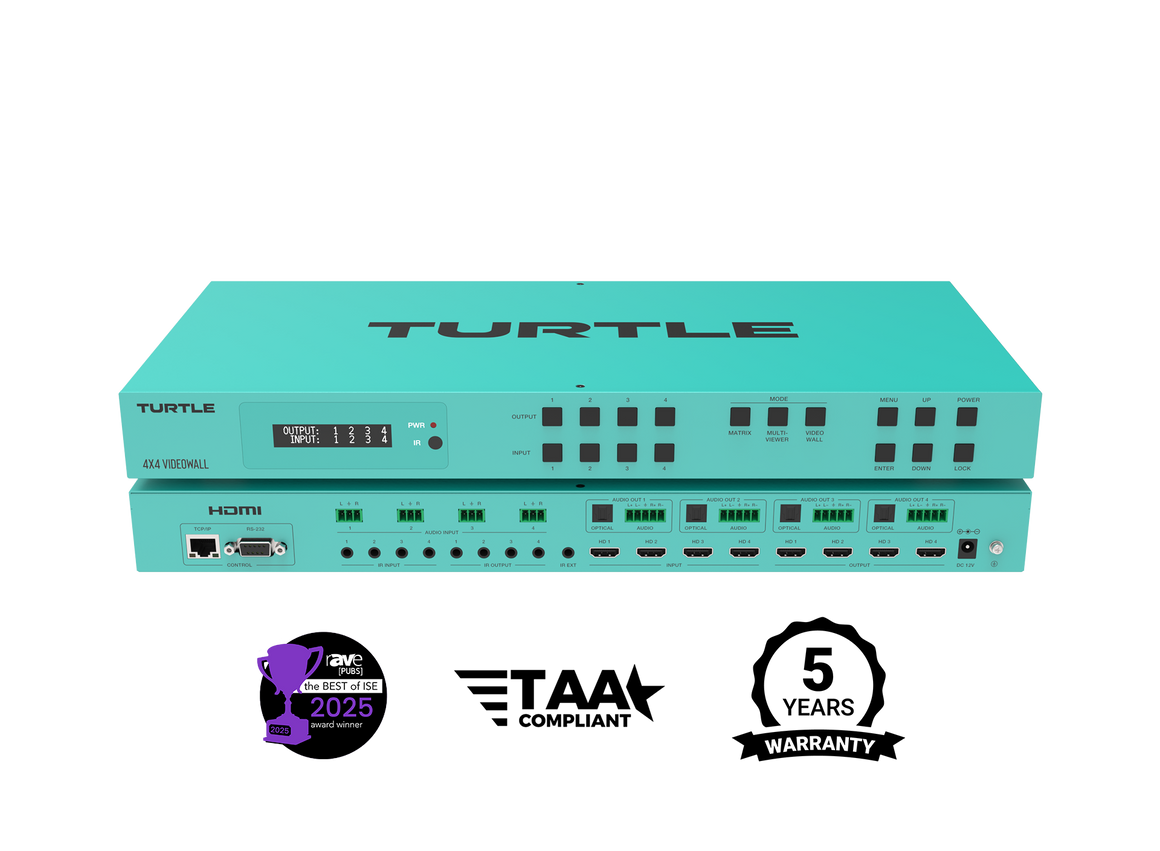 Teal gekleurd elektronisch apparaat met het merk 'Turtle' op een witte achtergrond, met certificeringslogo's en garantie-informatie.