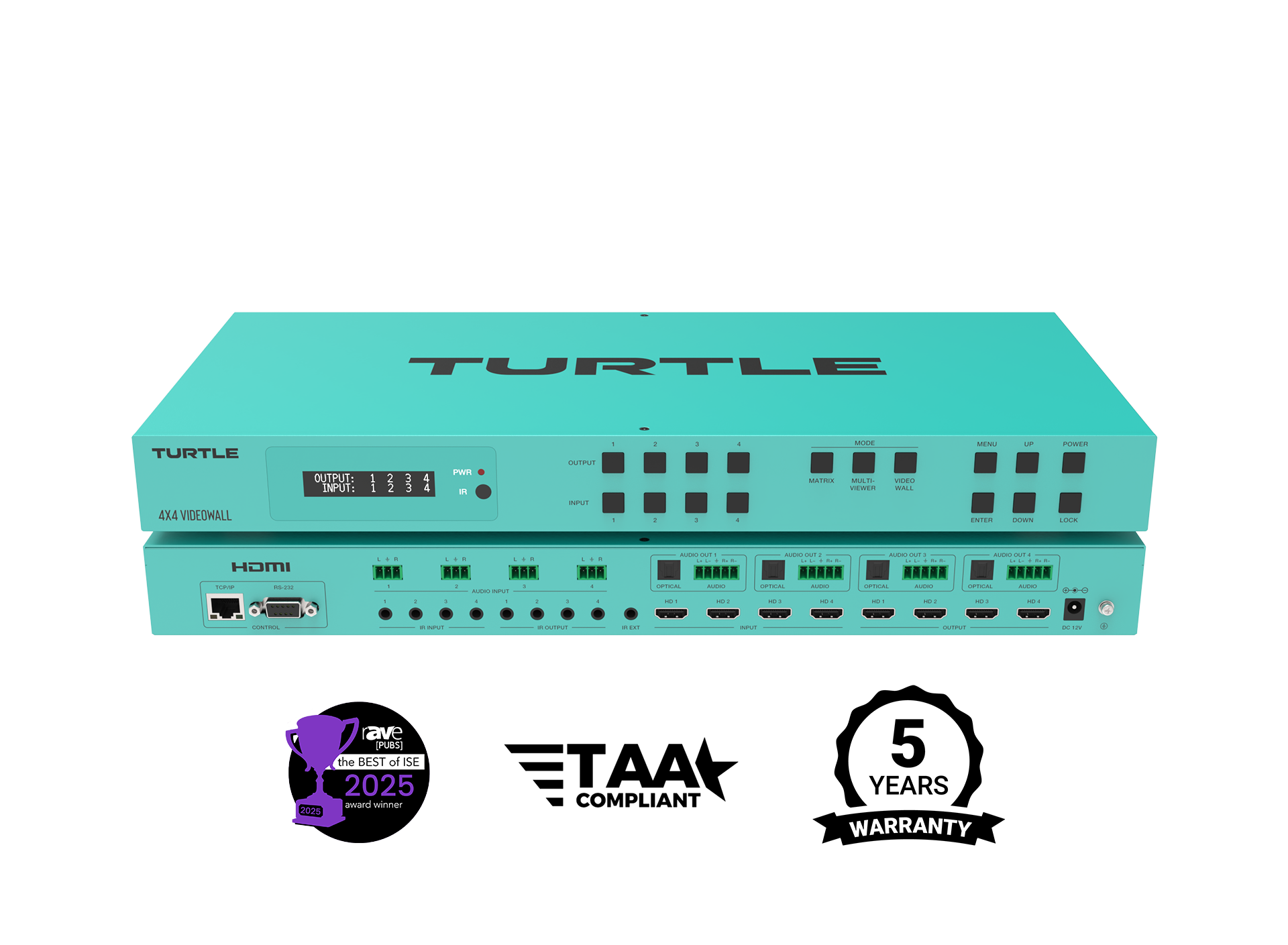Teal gekleurd elektronisch apparaat met het merk 'Turtle' op een witte achtergrond, met certificeringslogo's en garantie-informatie.