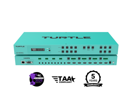 Teal gekleurd elektronisch apparaat met het merk 'Turtle' op een witte achtergrond, met certificeringslogo's en garantie-informatie.