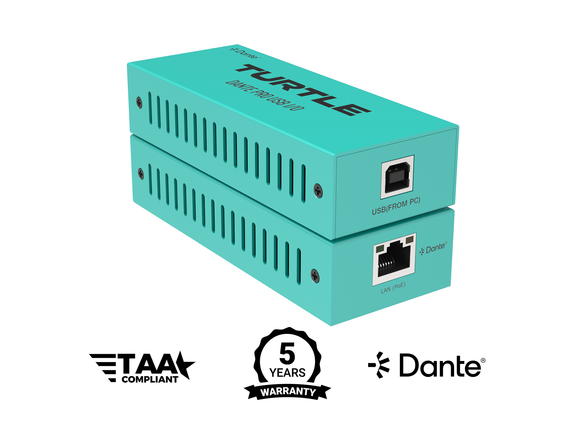 Turquoise elektronisch apparaat met labels voor TAA-conformiteit, 5 jaar garantie en Dante-certificering op een witte achtergrond.