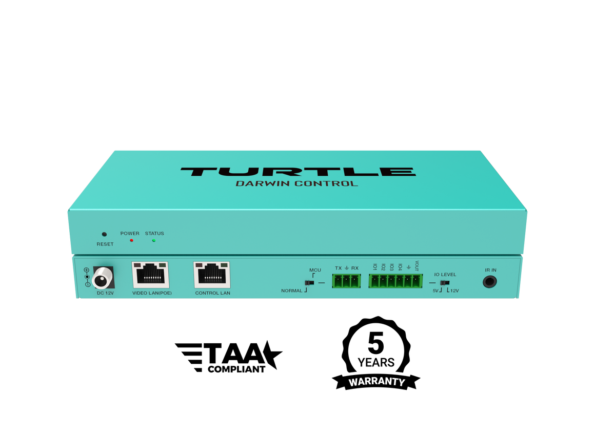 Turquoise elektronisch apparaat met het merk 'Turtle Darwin Control' op een witte achtergrond
