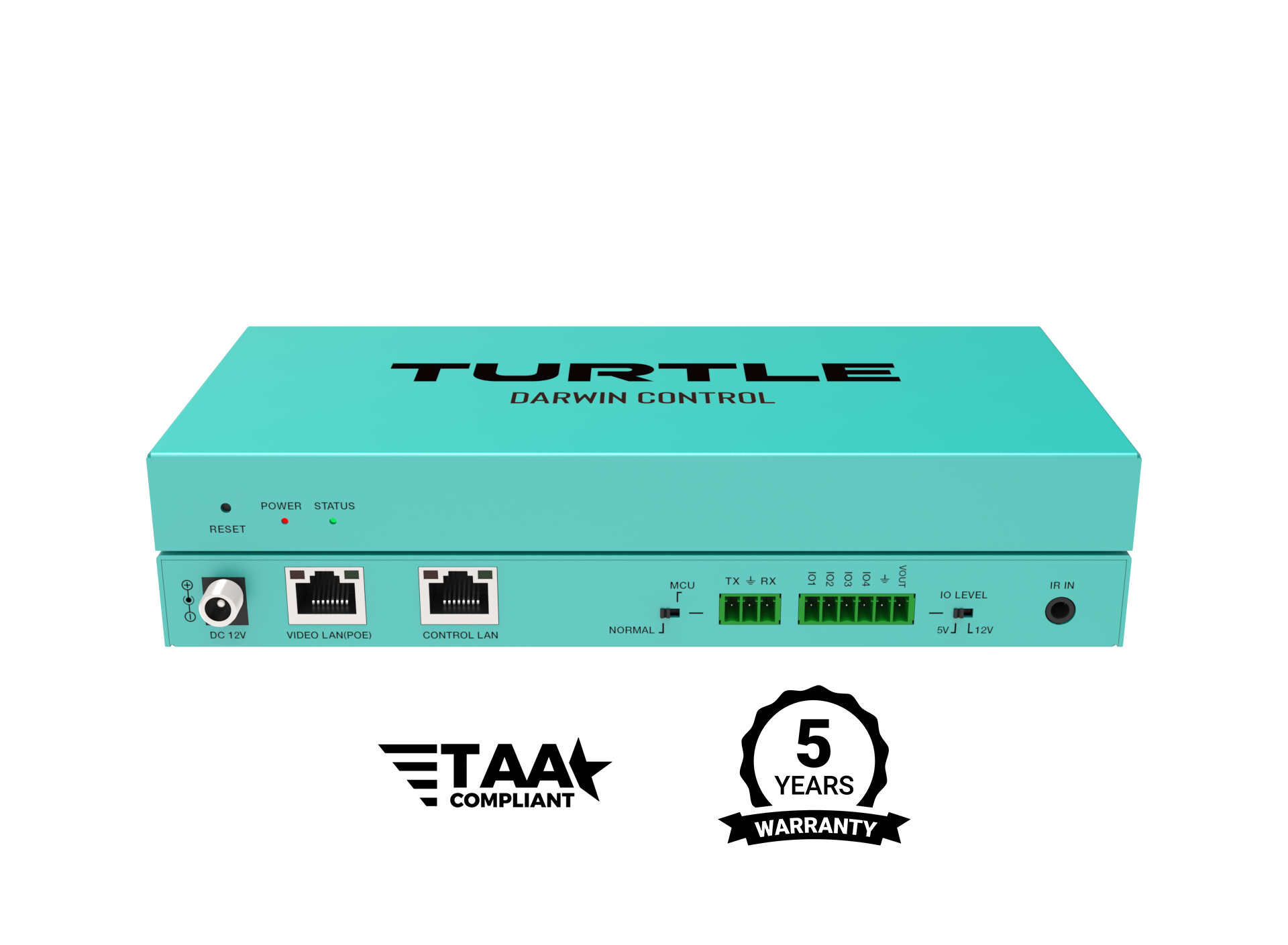 Turquoise elektronisch apparaat met het merk 'Turtle Darwin Control' op een witte achtergrond