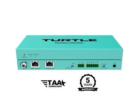 Turquoise elektronisch apparaat met het merk 'Turtle Darwin Control' op een witte achtergrond