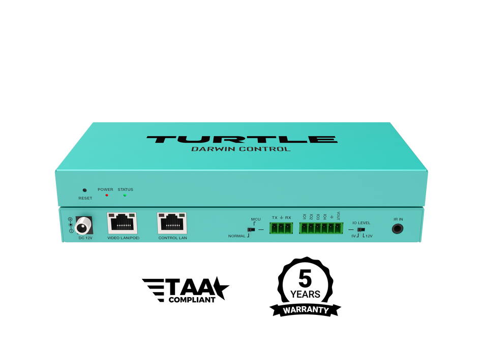 Turquoise elektronisch apparaat met het merk 'Turtle Darwin Control' op een witte achtergrond