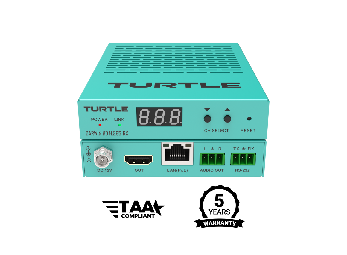 Turquoise elektronisch apparaat met het merk 'Turtle' op een witte achtergrond