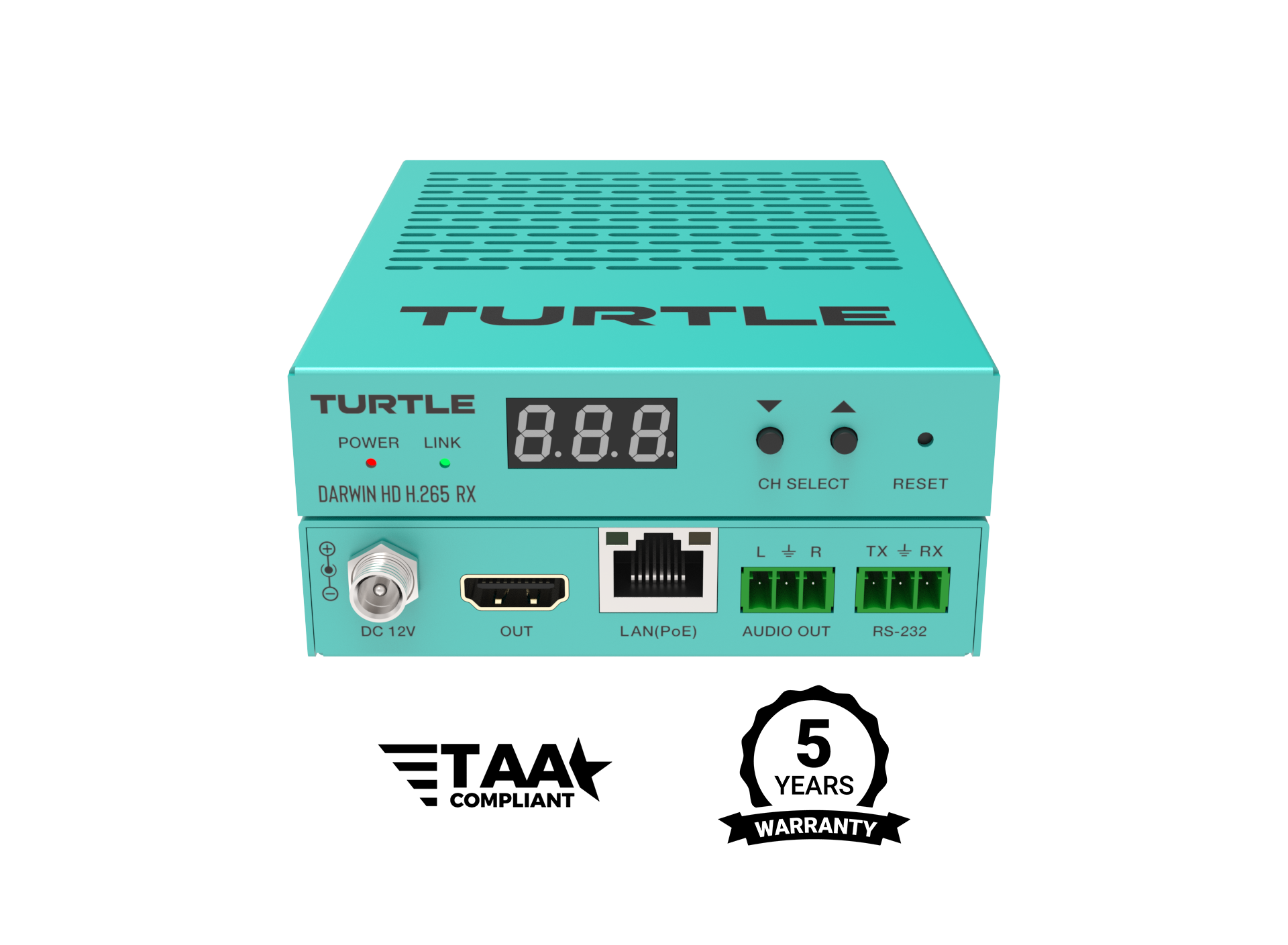 Turquoise elektronisch apparaat met het merk 'Turtle' op een witte achtergrond