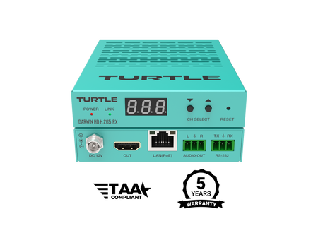 Turquoise elektronisch apparaat met het merk 'Turtle' op een witte achtergrond