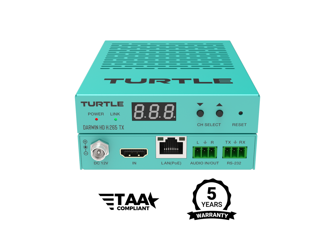 Turquoise elektronisch apparaat met het merk 'Turtle' op een witte achtergrond