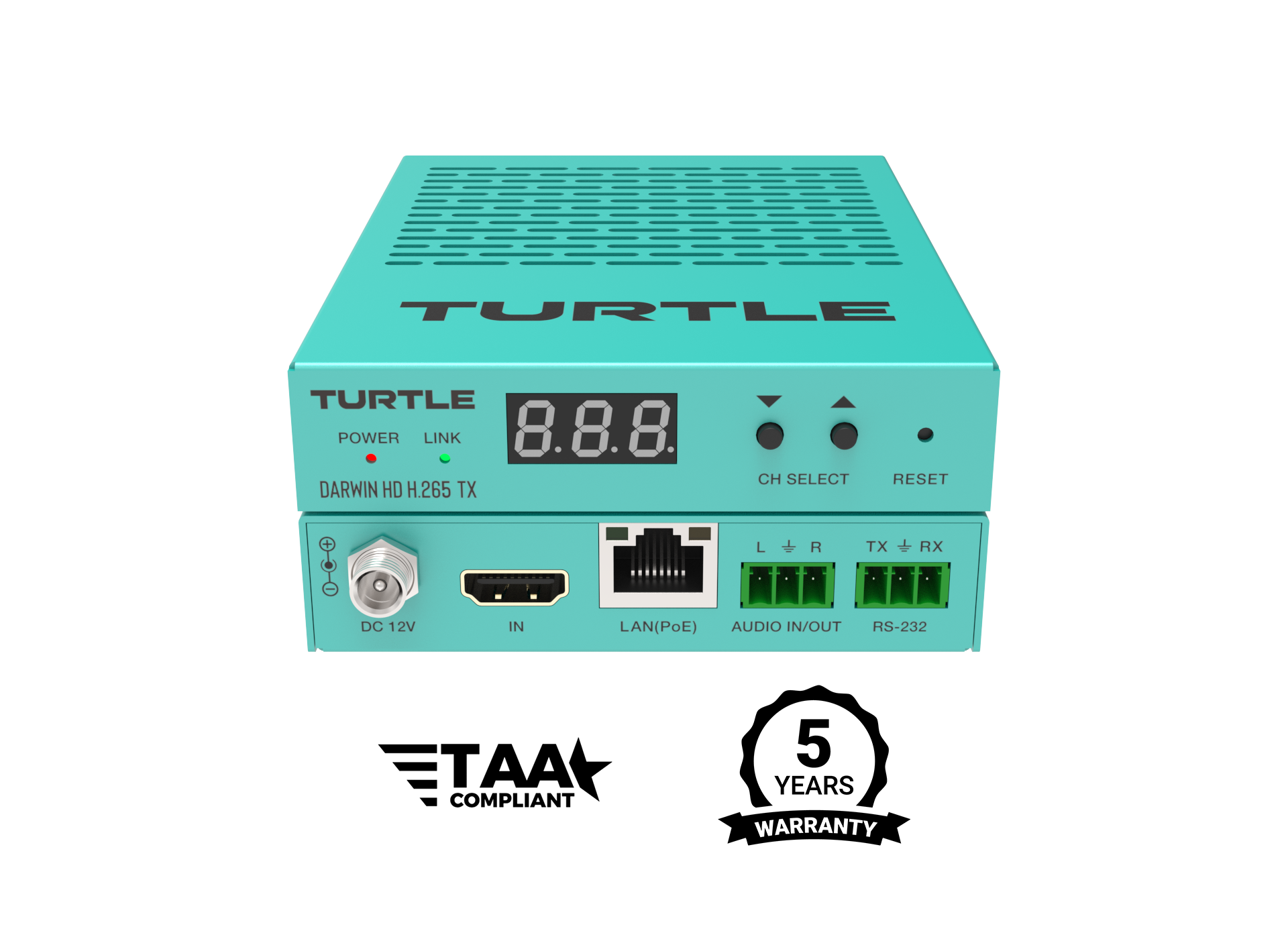 Turquoise elektronisch apparaat met het merk 'Turtle' op een witte achtergrond
