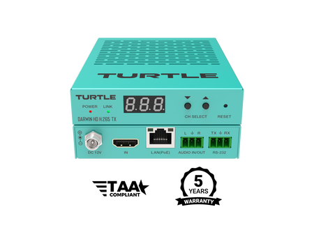 Turquoise elektronisch apparaat met het merk 'Turtle' op een witte achtergrond