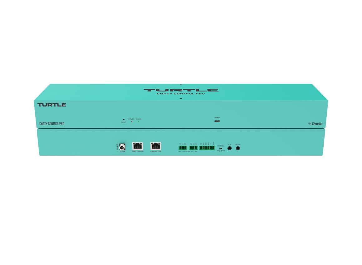 Turquoise elektronisch apparaat met het merk 'Turtle' op een witte achtergrond