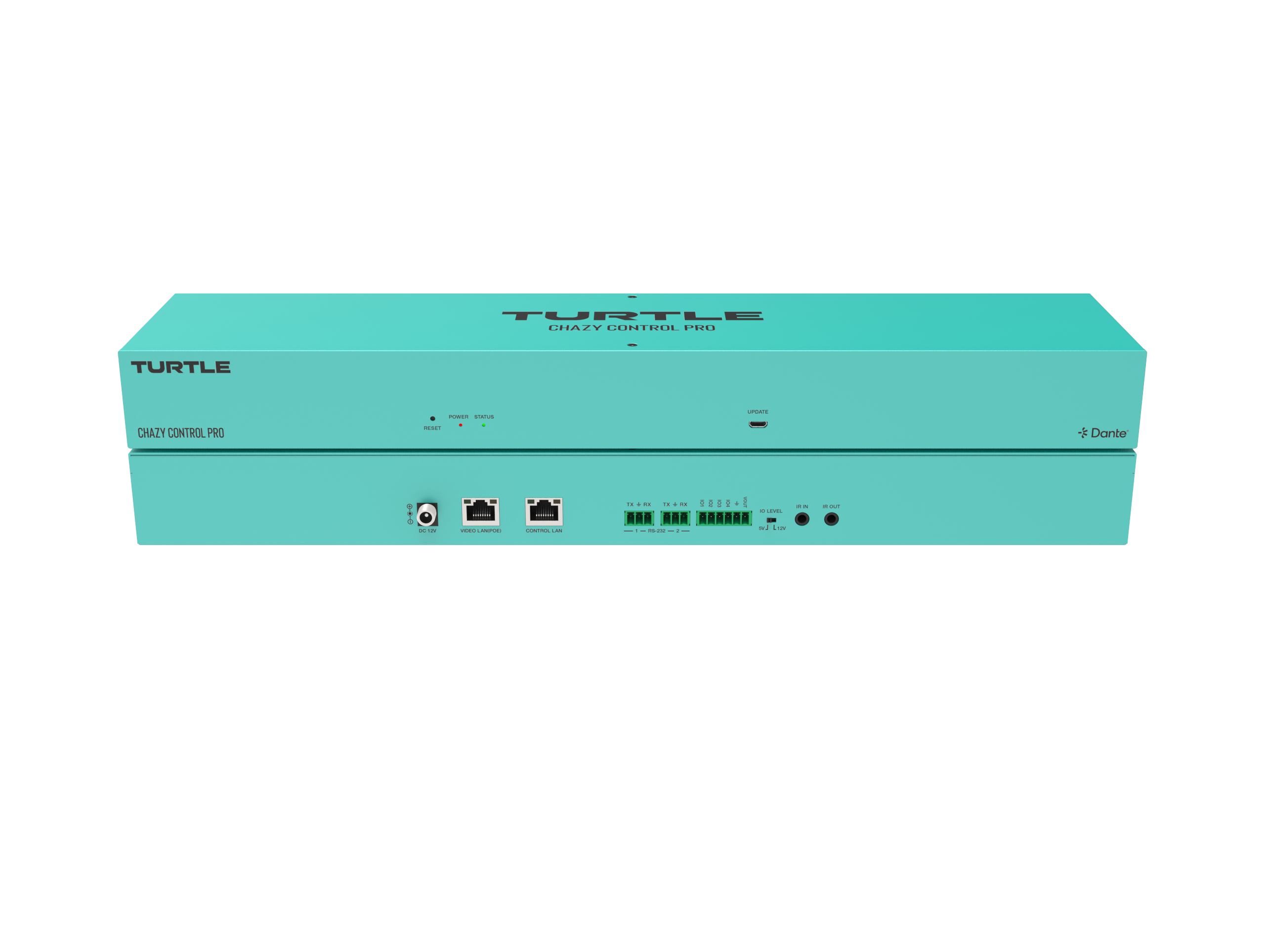 Turquoise elektronisch apparaat met het merk 'Turtle' op een witte achtergrond