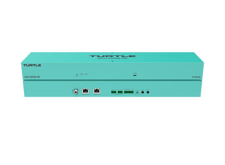 Turquoise elektronisch apparaat met het merk 'Turtle' op een witte achtergrond