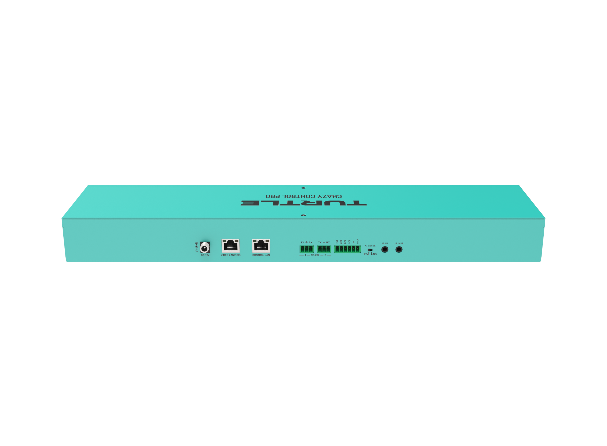 Teal elektronisch apparaat met poorten op witte achtergrond