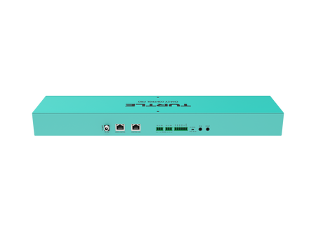 Teal elektronisch apparaat met poorten op witte achtergrond