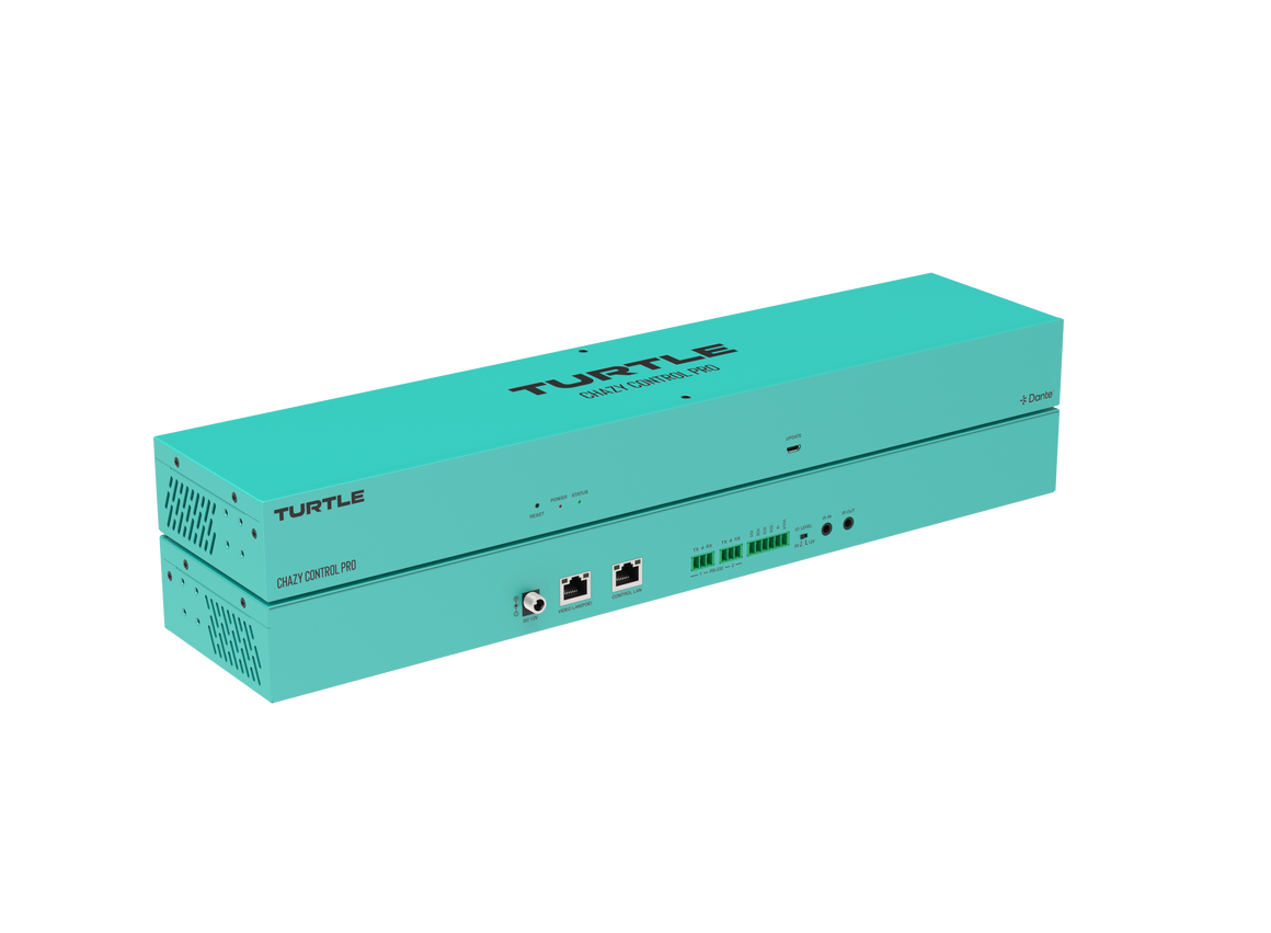 Turquoise elektronisch apparaat met het merk 'Turtle' op een witte achtergrond
