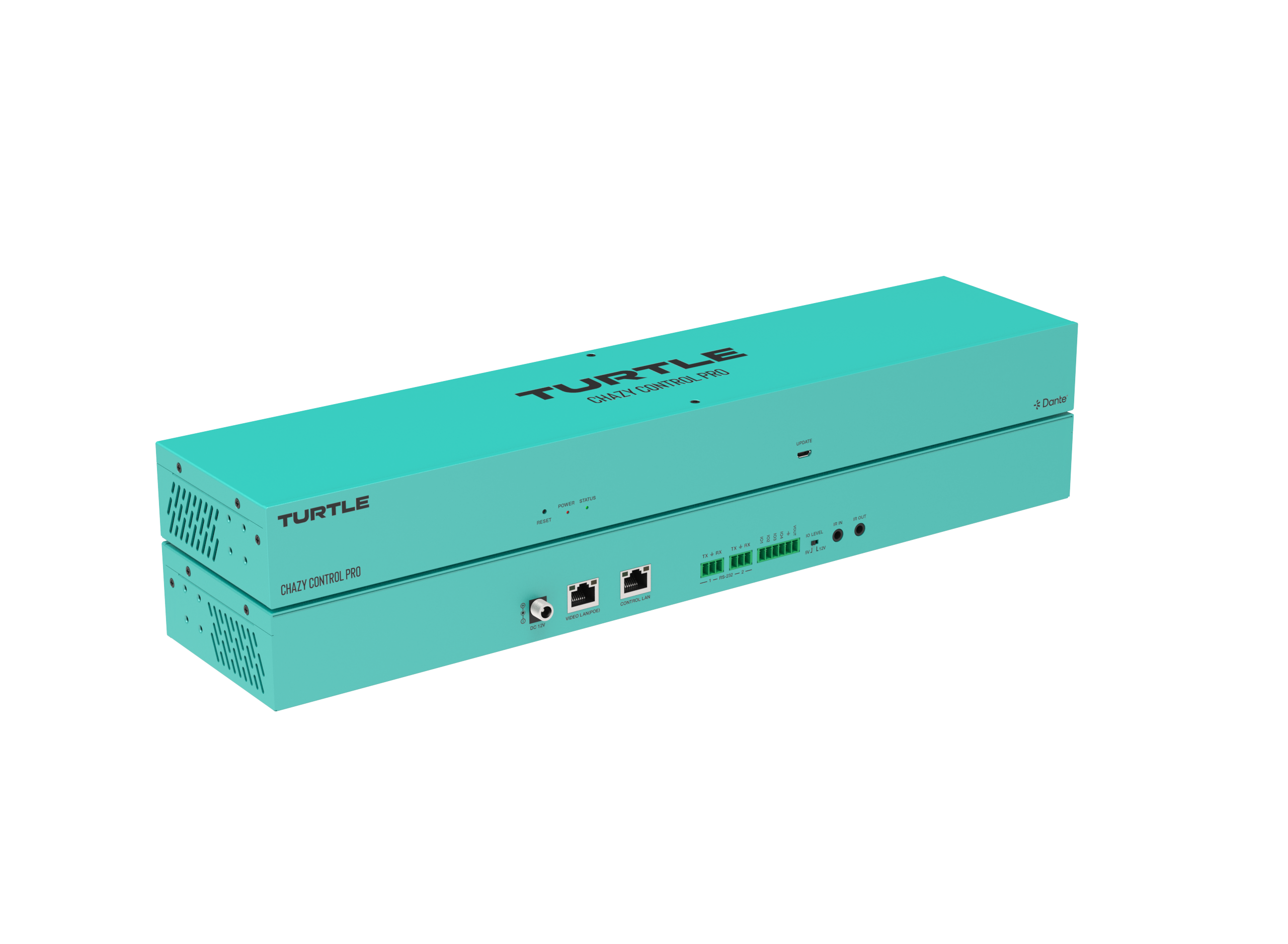 Turquoise elektronisch apparaat met het merk 'Turtle' op een witte achtergrond