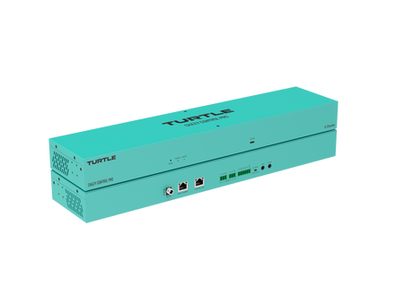 Turquoise elektronisch apparaat met het merk 'Turtle' op een witte achtergrond