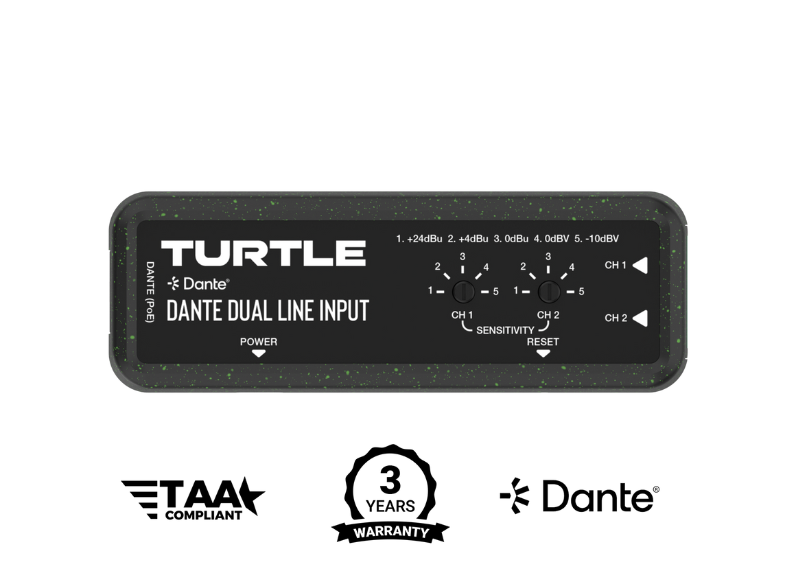 Turtle Dante invoerapparaat met dubbele lijn met merknaam en certificeringslogo's op een witte achtergrond