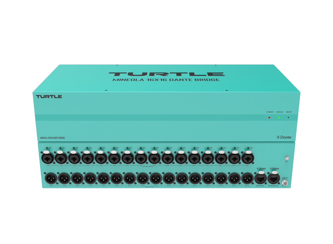 Teal audioapparatuur met meerdere aansluitingen op een witte achtergrond