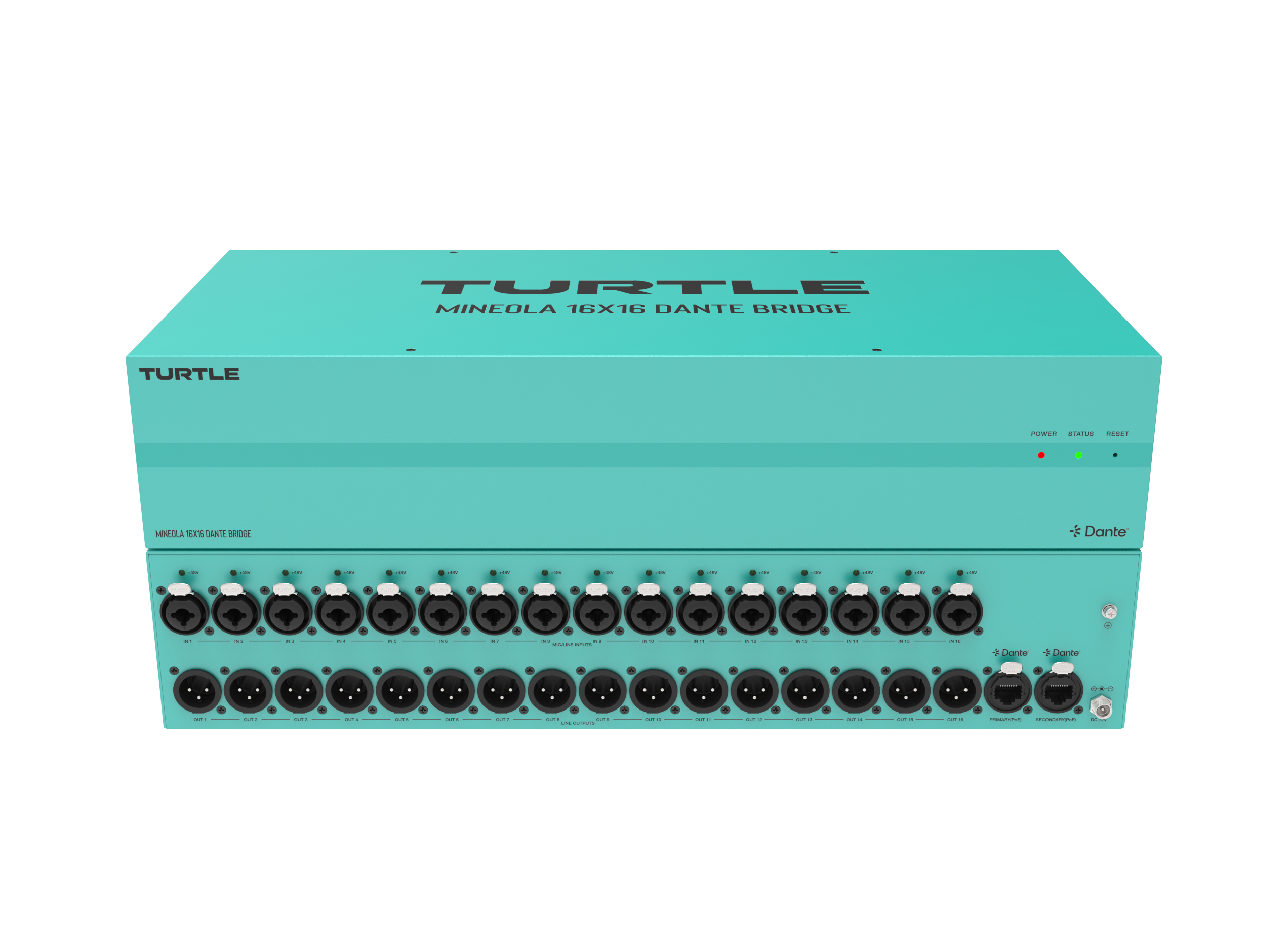 Teal audioapparatuur met meerdere aansluitingen op een witte achtergrond