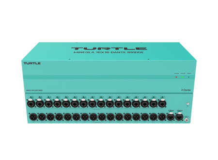 Teal audioapparatuur met meerdere aansluitingen op een witte achtergrond