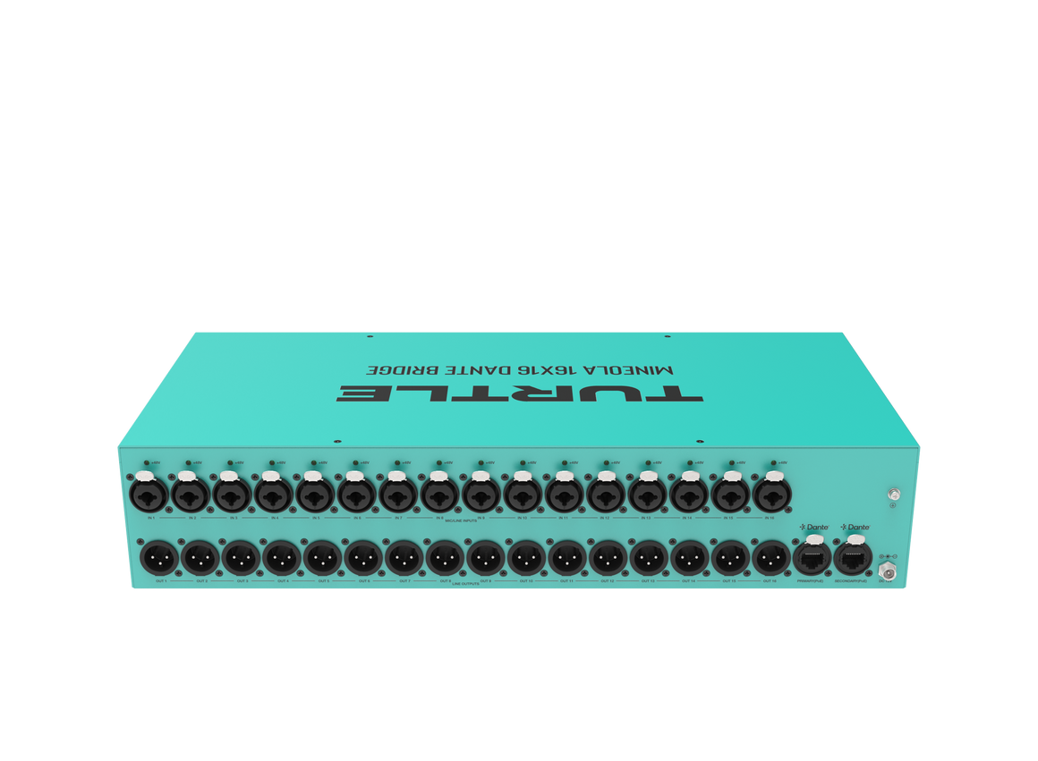 Teal elektronisch apparaat met meerdere poorten op een witte achtergrond