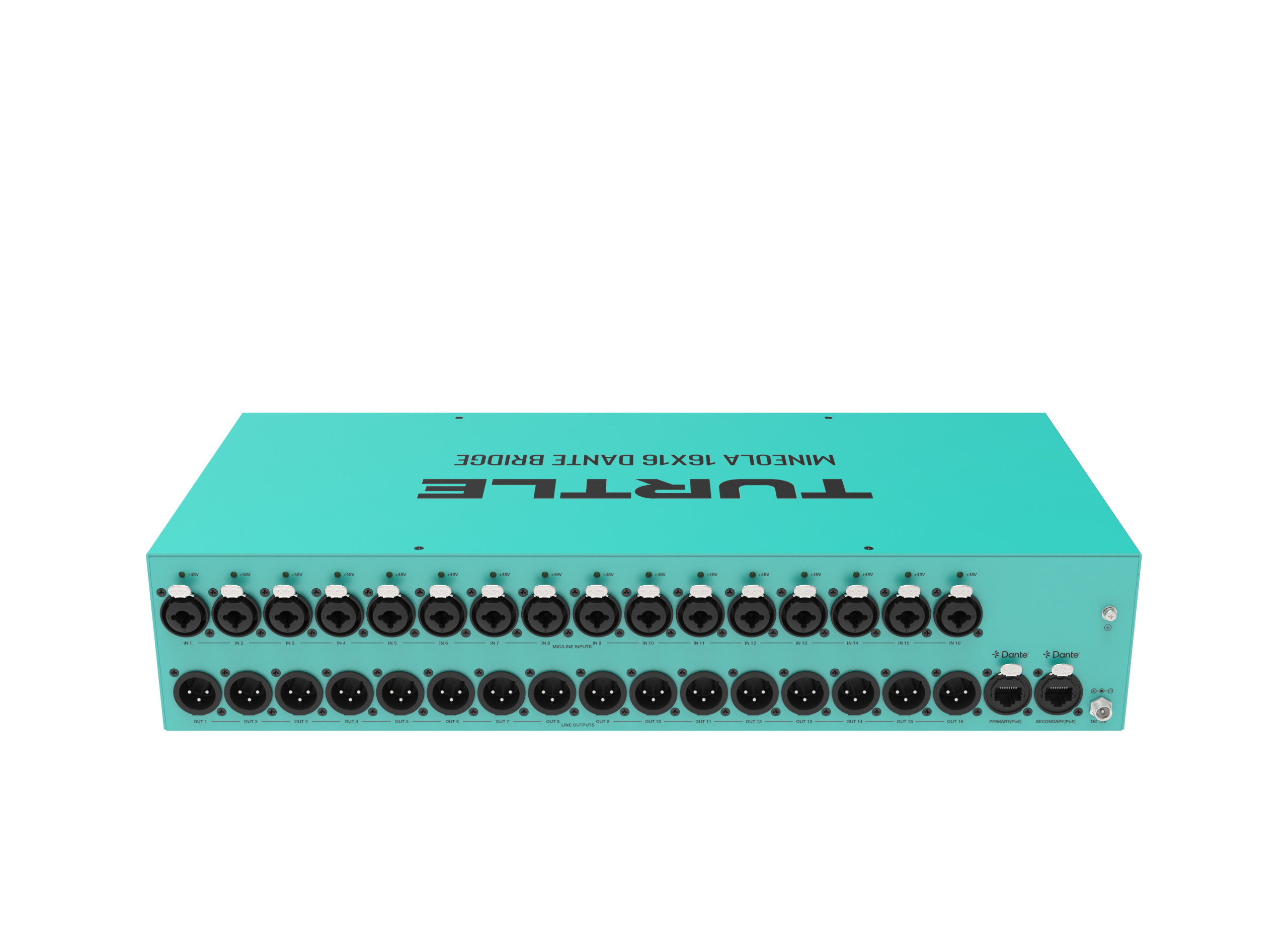 Teal elektronisch apparaat met meerdere poorten op een witte achtergrond