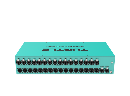 Teal elektronisch apparaat met meerdere poorten op een witte achtergrond