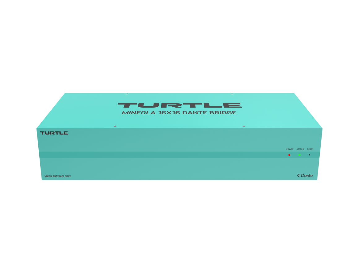 Turquoise elektronisch apparaat met het merk 'Turtle' op een witte achtergrond