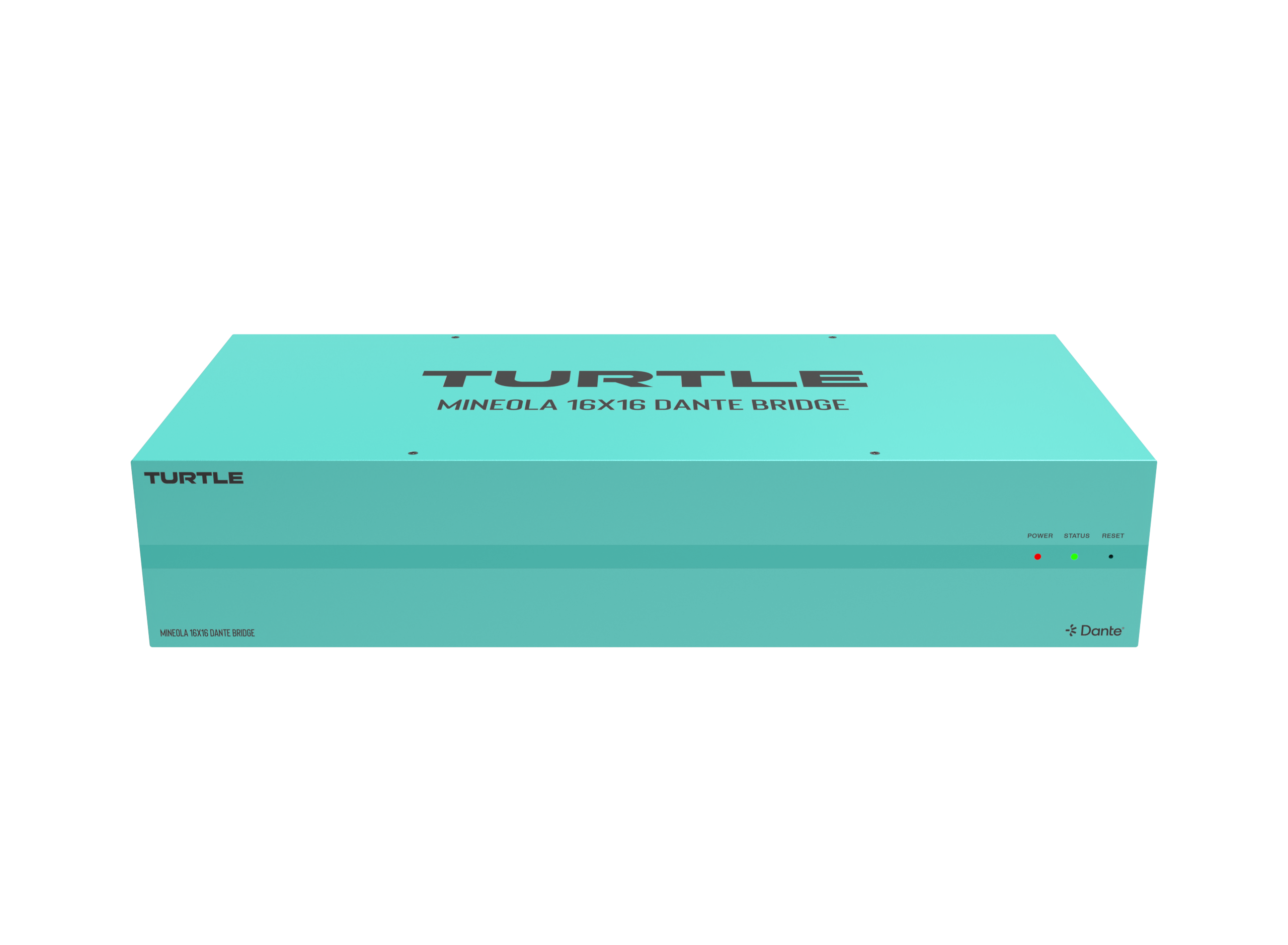 Turquoise elektronisch apparaat met het merk 'Turtle' op een witte achtergrond