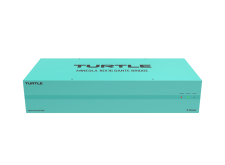 Turquoise elektronisch apparaat met het merk 'Turtle' op een witte achtergrond