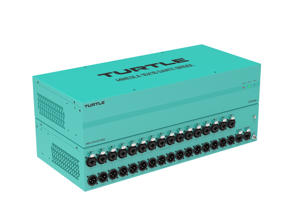 Turquoise elektronisch apparaat met meerdere connectoren op een witte achtergrond