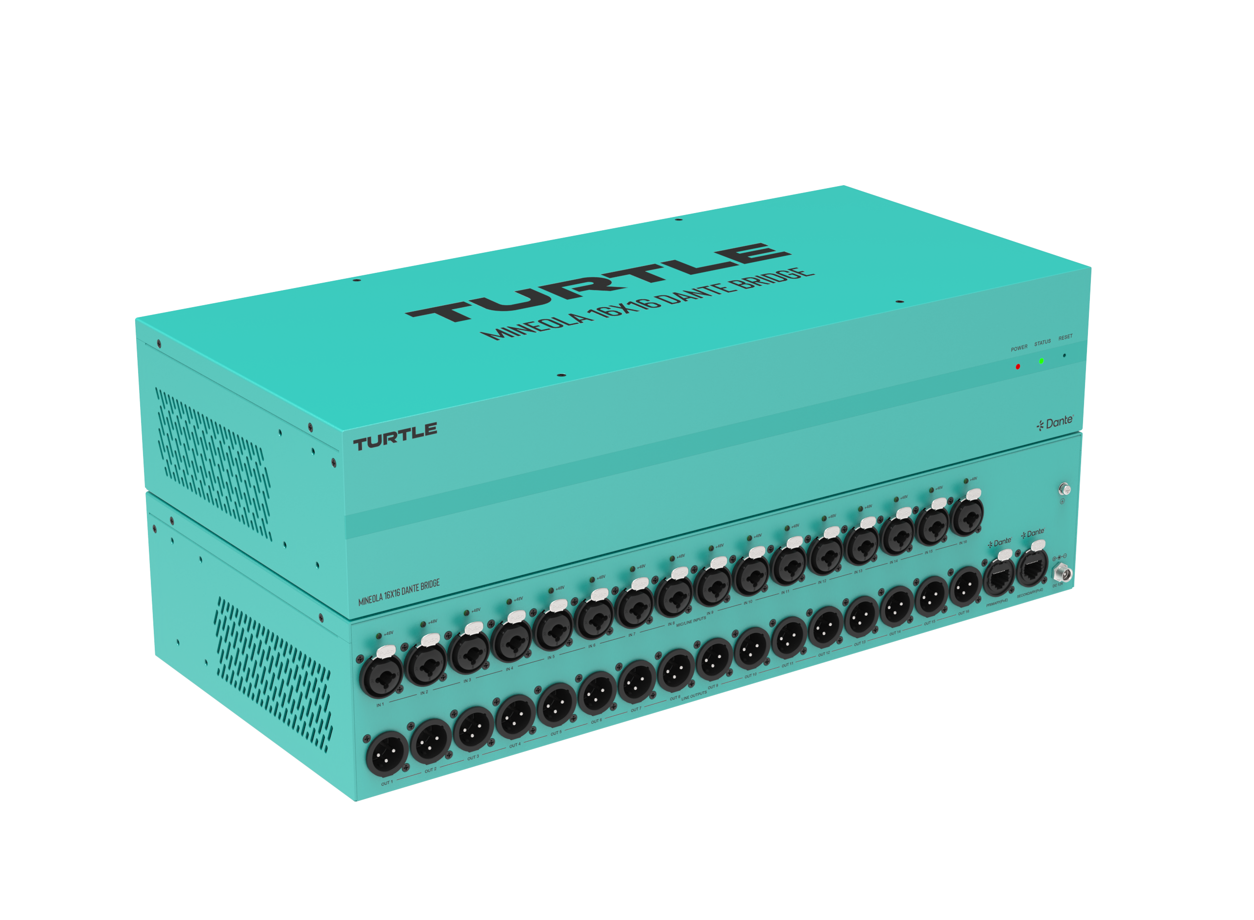 Turquoise elektronisch apparaat met meerdere connectoren op een witte achtergrond