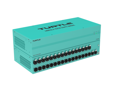 Turquoise elektronisch apparaat met meerdere connectoren op een witte achtergrond