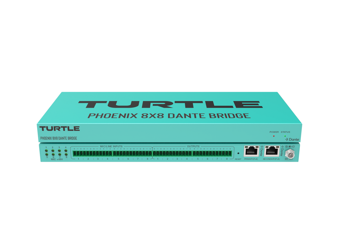 Turquoise apparaat met de tekst 'Turtle Phoenix 8x8 Dante Bridge' op een witte achtergrond