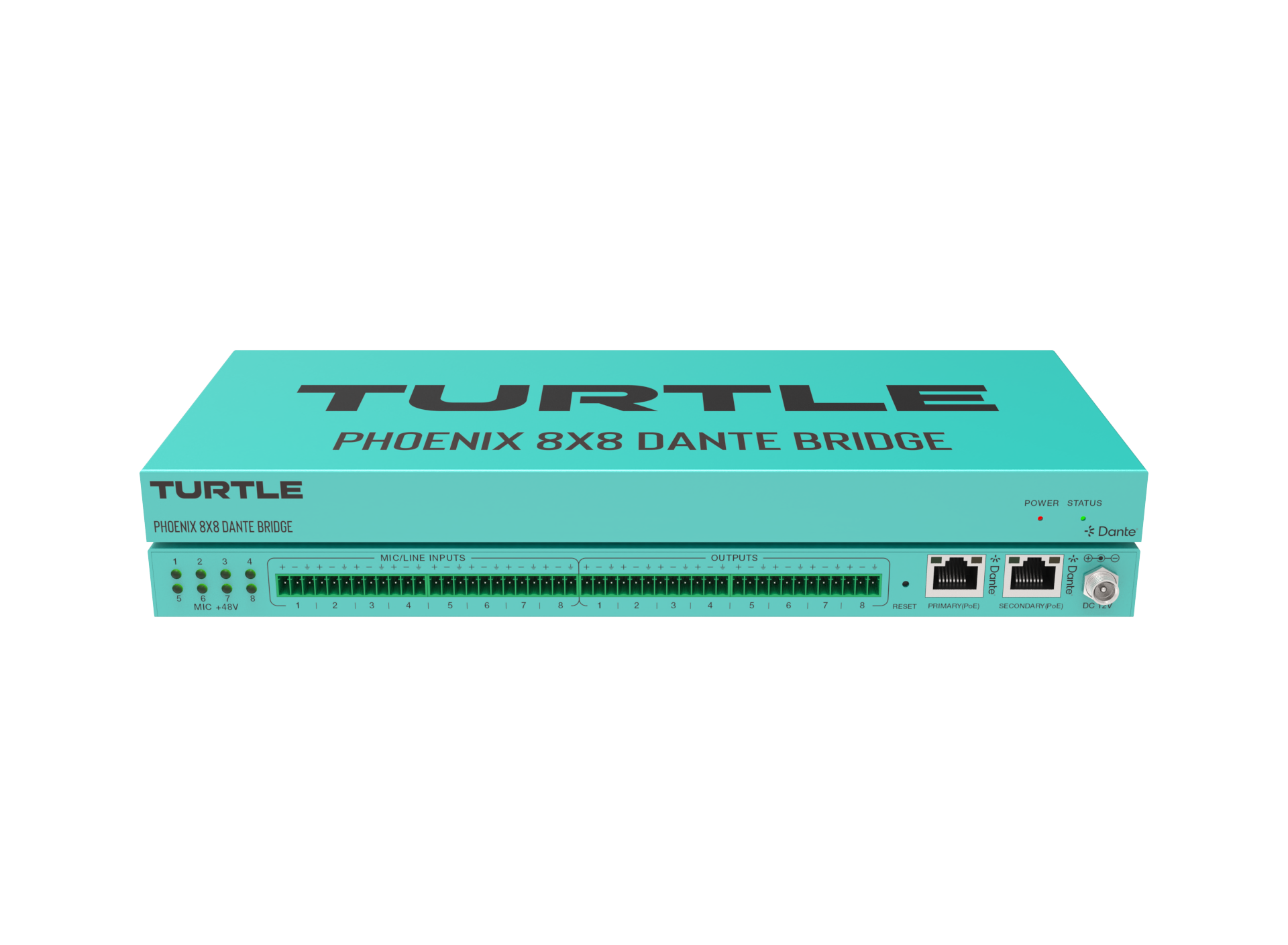 Turquoise apparaat met de tekst 'Turtle Phoenix 8x8 Dante Bridge' op een witte achtergrond