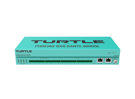 Turquoise apparaat met de tekst 'Turtle Phoenix 8x8 Dante Bridge' op een witte achtergrond