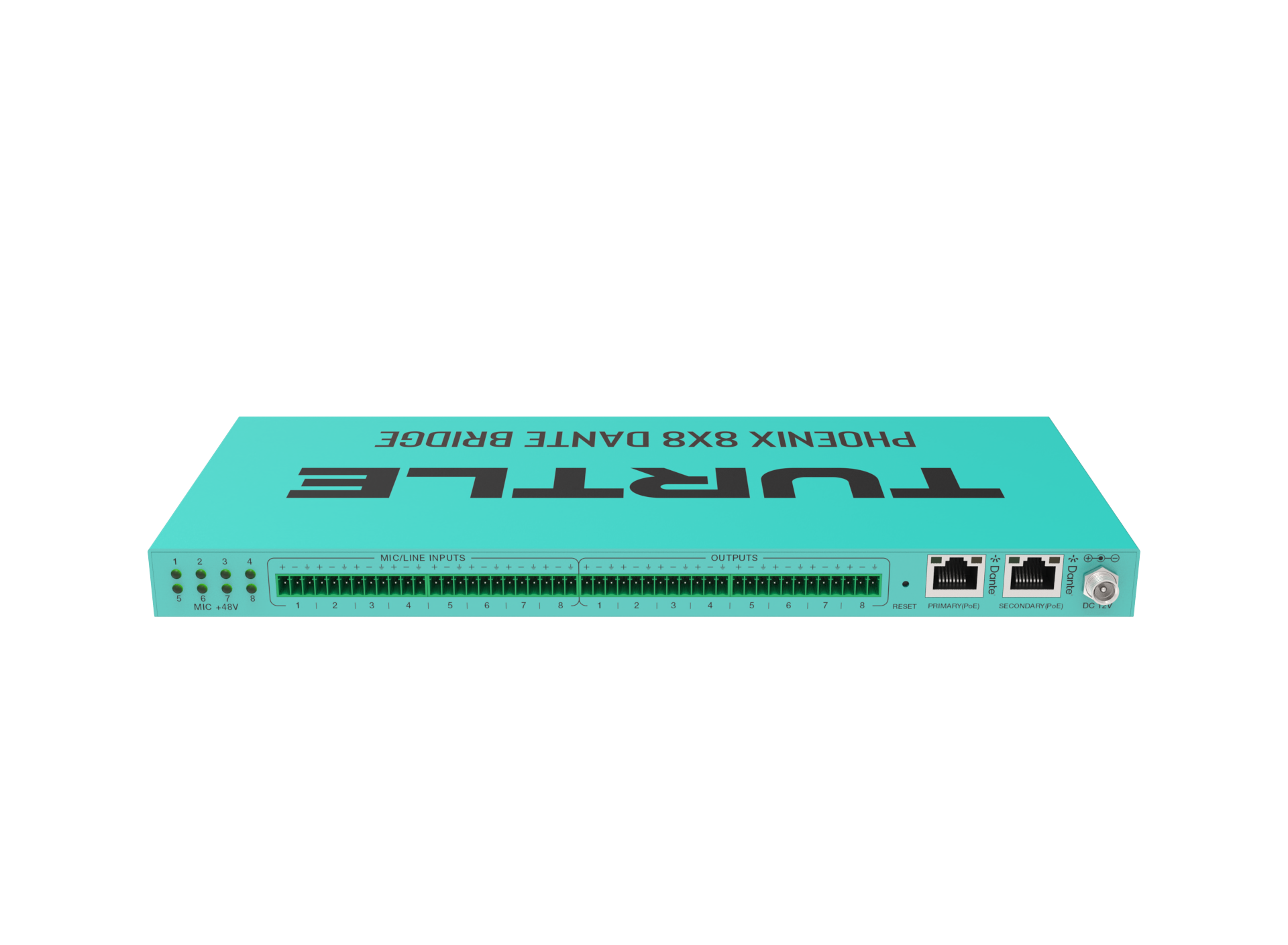 Turquoise router met 'Turtle'-logo op een witte achtergrond