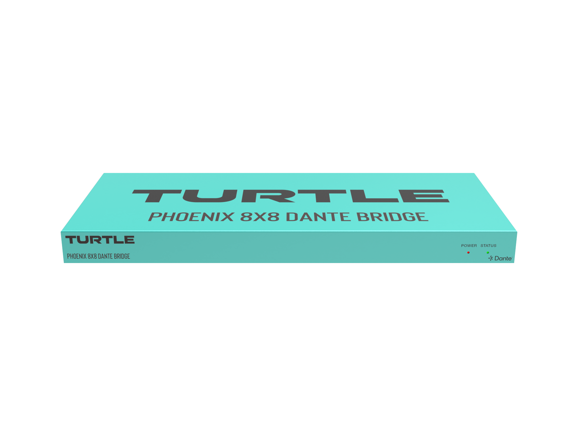 Turquoise doos met 'Turtle'-logo op een witte achtergrond