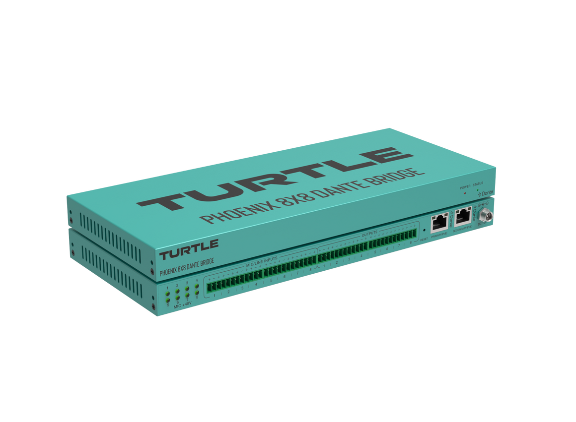 Turquoise elektronisch apparaat met het merk 'Turtle' op een witte achtergrond