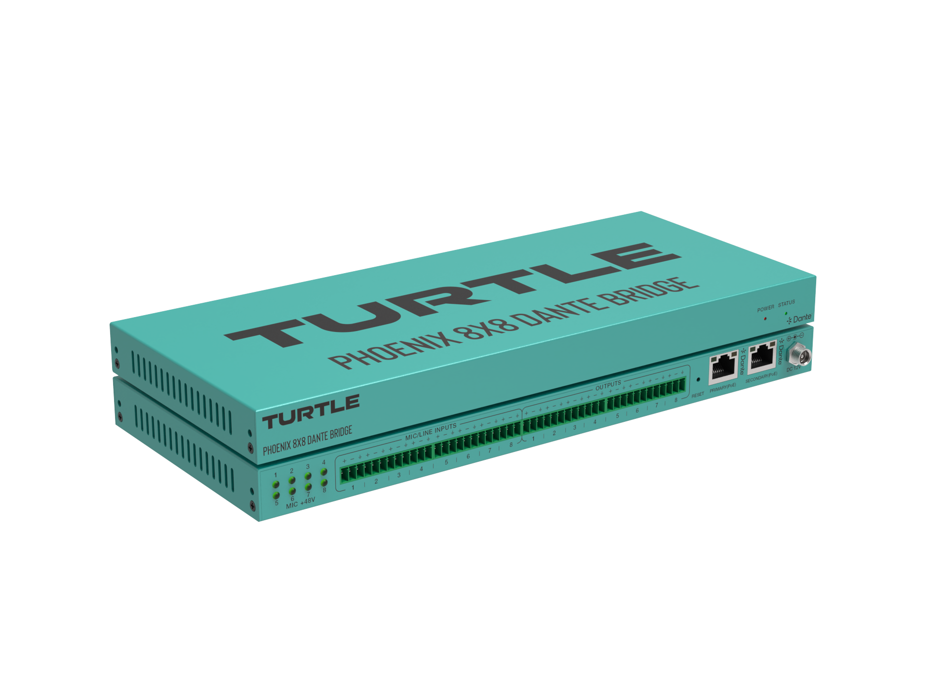 Turquoise elektronisch apparaat met het merk 'Turtle' op een witte achtergrond