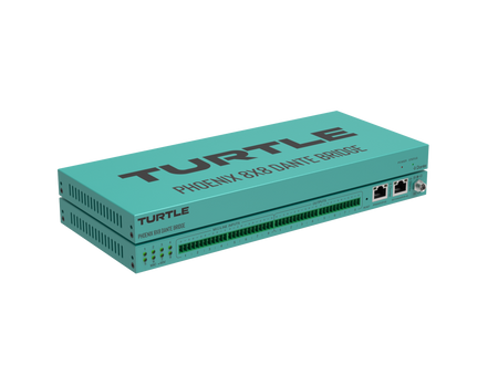 Turquoise elektronisch apparaat met het merk 'Turtle' op een witte achtergrond