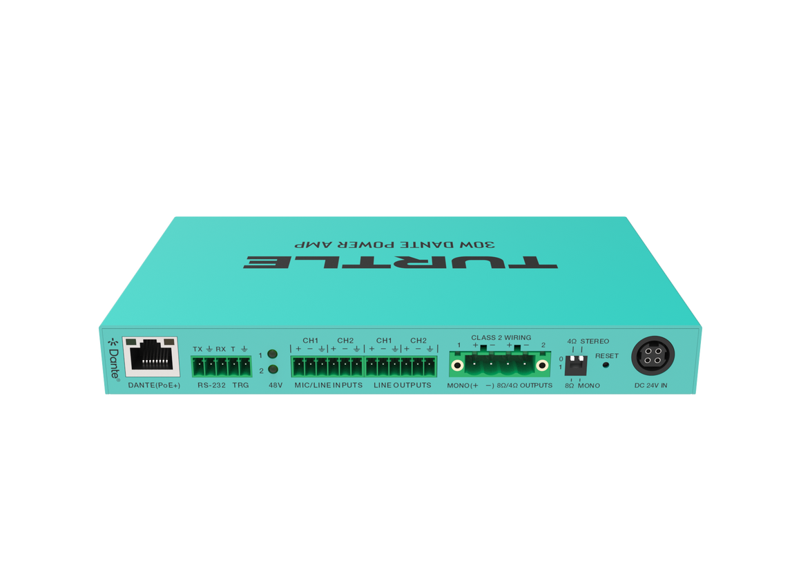 Turquoise elektronisch apparaat met het merk 'Turtle' op een witte achtergrond