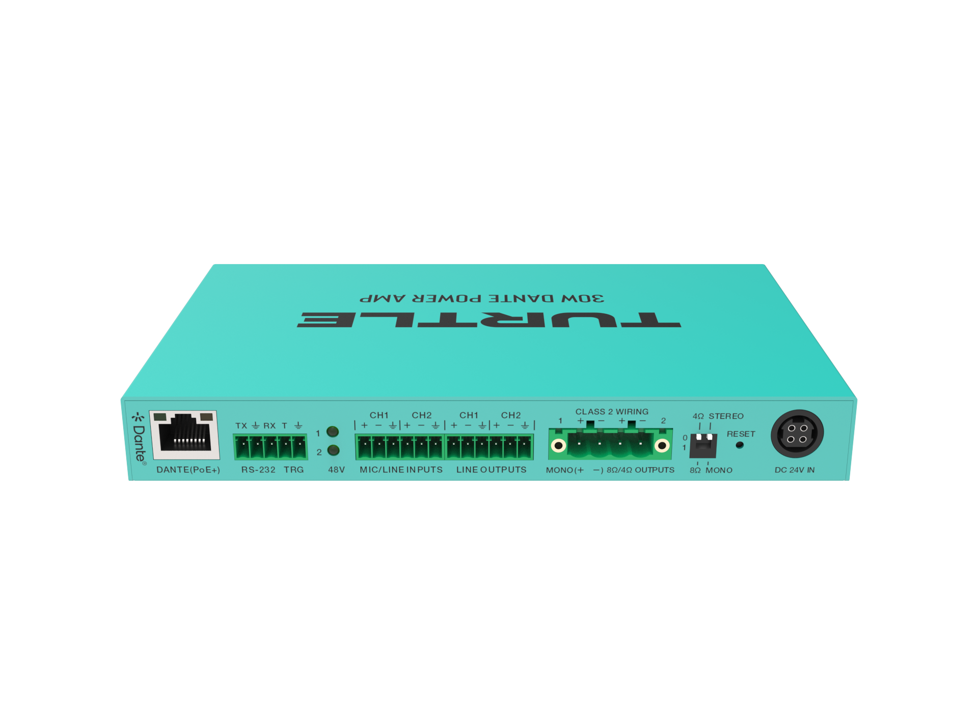 Turquoise elektronisch apparaat met het merk 'Turtle' op een witte achtergrond