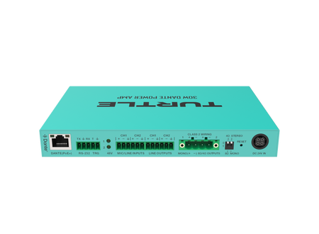 Turquoise elektronisch apparaat met het merk 'Turtle' op een witte achtergrond