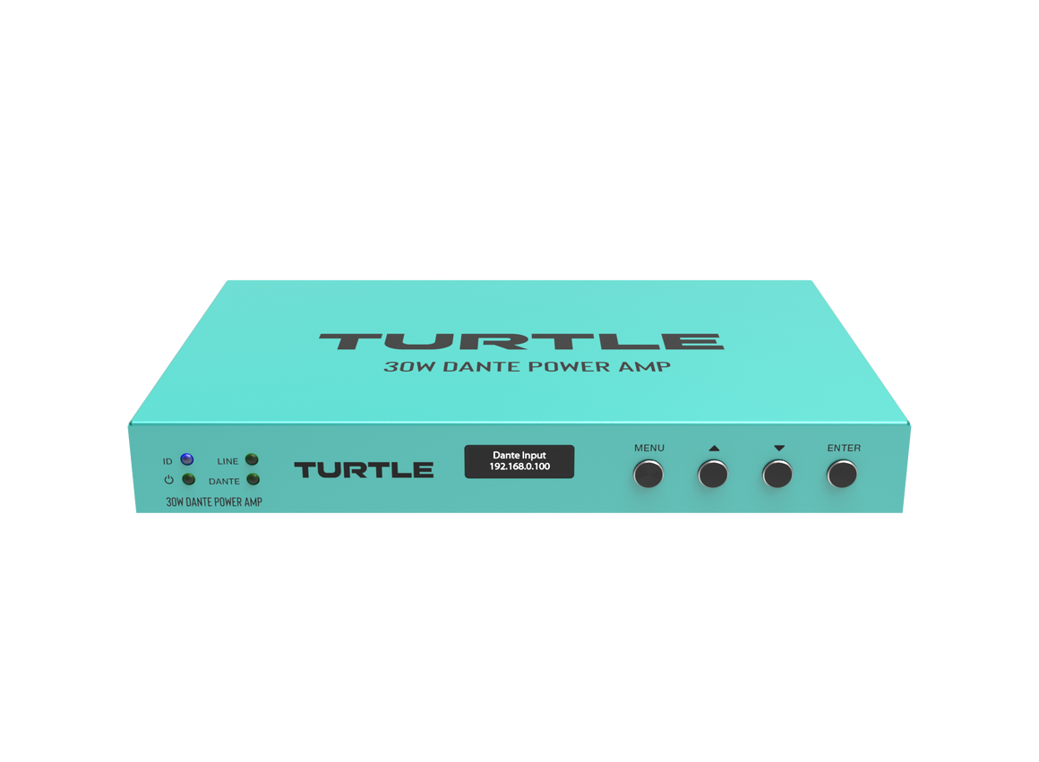 Turquoise eindversterker met 'Turtle'-logo op een witte achtergrond